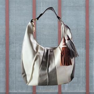Frattini | Elegant White/Gray Faux Leather Tassel Slouchy Hobo Shoulder Bag